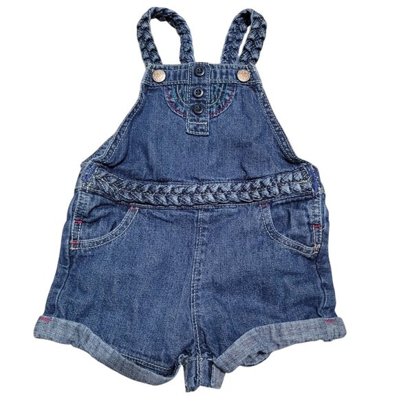 OshKosh B'Gosh Girls 18 Mo Braided Strap‎ Jean Denim Overalls Shorts Vestbak - Picture 1 of 11